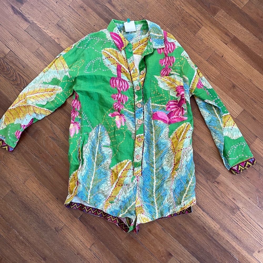 FARM Rio Green and Pink Button Down Romper